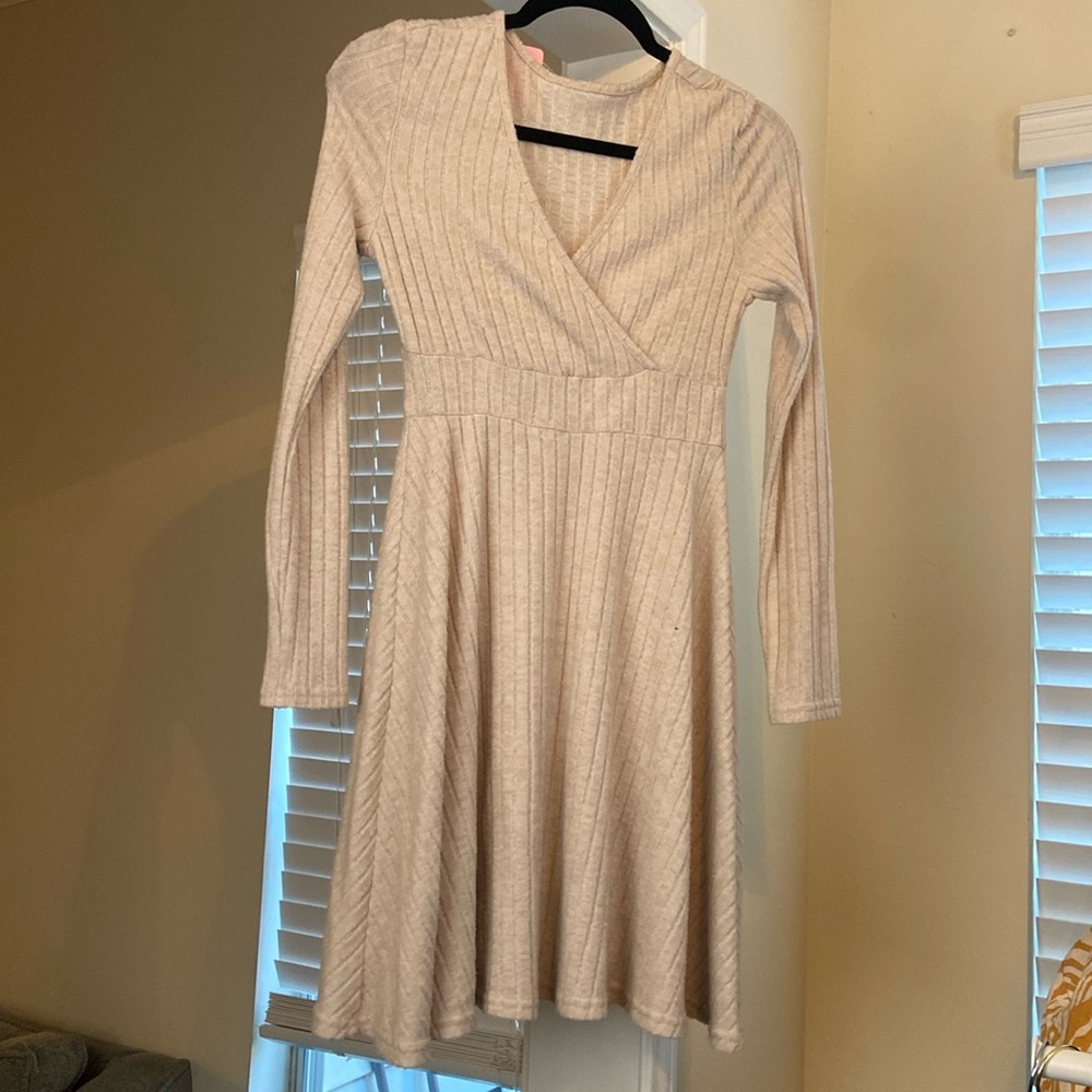 Cream Long Sleeve Mini Dress